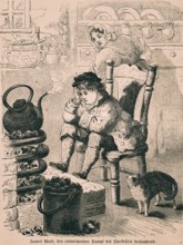 The young James Watt observes the escaping steam from a tea kettle, domestic hearth, boy, kitchen,