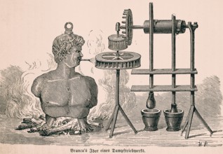 Giovanni Branca's idea of a steam engine, Italian engineer, design of a turbine, fire, generating