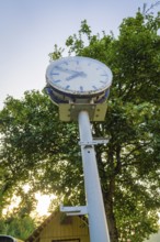 An old railway station clock on a mast, surrounded by a green tree and a clear sky, Nagold,