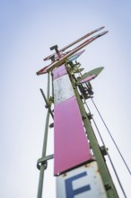 Close-up of a railway signal from a low perspective against a blue sky, Nagold, district of Calw,