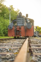 Close-up of an old steam locomotive on railway tracks surrounded by green nature, Nagold, district