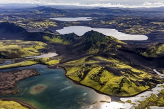 Lakes, river, mountains, mountain landscape, aerial view, sunny, summer, backlight, Langisjör,