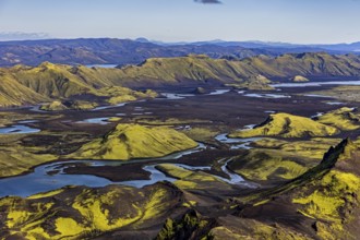 Lakes, river, mountains, mountain landscape, aerial view, sunny, summer, Langisjör, Icelandic
