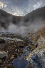 Hot springs, geothermal field, cloudy, evening mood, backlight, summer, Krysuvik, Reykjanes