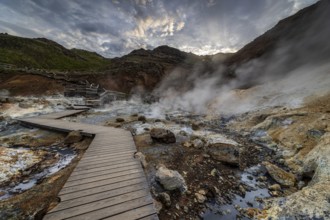 Hot springs, geothermal field, cloudy, evening mood, backlight, summer, Krysuvik, Reykjanes