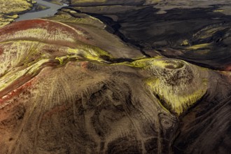 Crater, volcanic crater, aerial view, sunny, summer, Icelandic Highlands, Iceland