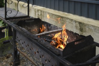 Wood is burning in the grill. The backyard setting features a rustic grill, hinting at a gathering