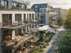 Ein Fernpilot steuert sein Quadrocopter, Drohne in einem dicht besiedeltem Wohngebiet und nähert