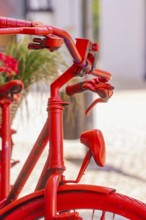 Details of a red bicycle with flower baskets, focus on the handlebars in the city, small town of