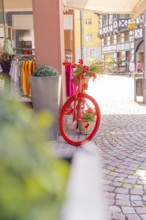 A bicycle with red flower baskets stands in front of half-timbered houses and shops in a town,