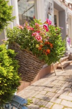 A richly filled basket of flowers on a bicycle handlebar in the sunshine, small town of Perle Calw,