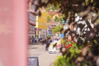 Old town street with full shops and colourful decoration, lively with passers-by, small town pearl