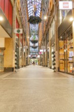 Modern shopping arcade with glass roof and decorative plants, illuminated shops, Munich, Germany