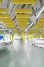 Modern library with yellow design elements, workstations and open spaces, Munich, Germany
