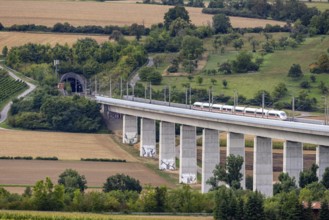 Enztal bridge with ICE. Double-track railway overpass of the high-speed line from Mannheim to