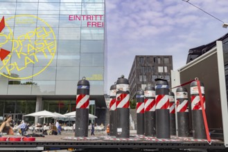 Anti-terror barriers on a lorry. They are set up in Stuttgart city centre to protect visitors to
