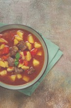 Meat goulash, with potatoes and carrots, sweet pepper, traditional Hungarian soup, homemade, no
