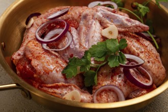 Chicken wings, in a brass saucepan, ready for cooking, grilling or baking, in a home kitchen, no