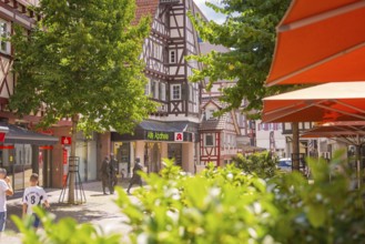 Lively pedestrian zone with half-timbered houses and green trees, small town pearl Calw, Black