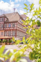 Sunny old town view with half-timbered houses and green plants, small town pearl Calw, Black