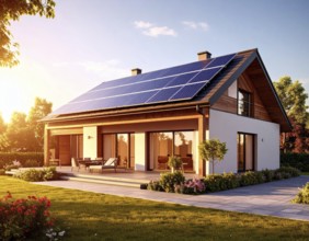 Residential house with solar panels on the roof, beautiful sunrise, AI generated