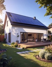 Residential house with solar panels on the roof, beautiful sunrise, AI generated