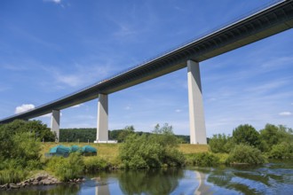 Motorway bridge A 52 over the Ruhr, from below, Nile geese with young on the water, Mülheim an der