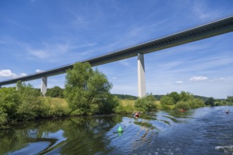 Motorway bridge A 52 over the Ruhr, from below, kayaker on the water, Mülheim an der Ruhr, Rur