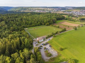 Large sports field surrounded by fields and forest, close to a larger village, VFL Stammheim, Calw,