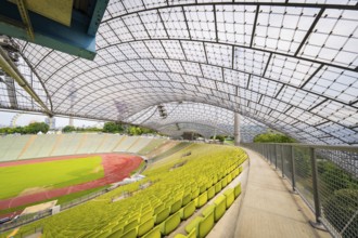 Walk along empty stands in the stadium with a view of a wide playing field, Olympiapark, Munich,