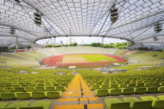 View from above of a stadium with empty stands and a wide playing field, Olympiapark, Munich,