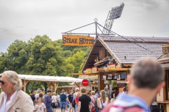 A traditional building with a crowd in front of it, surrounded by nature and advertising,