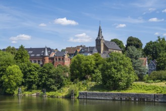 City view with the Ruhr, church at the market, old town, Kettwig, Essen, Rur area, North