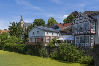 Town view at the Mühlengraben, church at the market, Kettwig, Essen, Rur region, North
