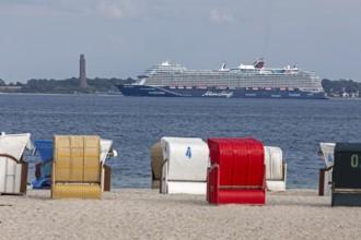 Cruise ship Mein Schiff 7, Laboe Naval Memorial, Kiel Fjord, beach chairs on the beach at Strande,