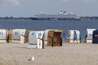 Cruise ship Mein Schiff 7, Laboe, Kiel Fjord, in front beach chairs on the beach of Strande,