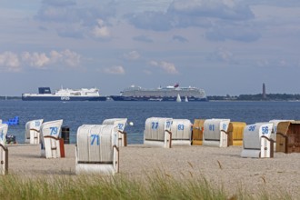 Cruise ship Mein Schiff 7, DFDS ferry, Laboe naval memorial, Kiel Fjord, beach chairs on the beach