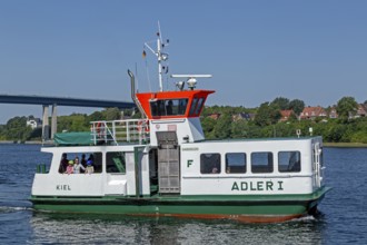 Passenger ferry Adler 1, Holtenauer Hochbrücken, Kiel Canal, Kiel, Schleswig-Holstein, Germany