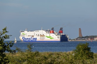 Sailing boat, Stena Line ferry Stena Scandinavica, naval memorial, Laboe, Kiel Fjord,