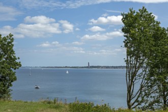 View from Schilcksee, Kiel, to naval memorial, Laboe, Kiel Fjord, Schleswig-Holstein, Germany