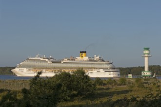 Cruise ship Costa Diadema, lighthouse Friedrichsort, Kiel Fjord, Kiel, Schleswig-Holstein, Germany