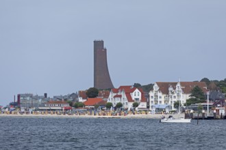 Naval memorial, houses, beach, Laboe, Kiel Fjord, Schleswig-Holstein, Germany