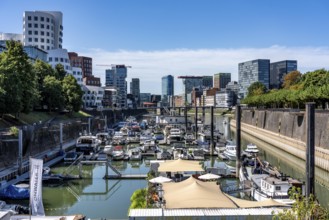 Marina in Düsseldorf's Media Harbour, old and modern architecture in the former harbour, a mixture