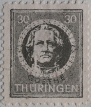 Johann Wolfgang von Goethe, a German writer and statesman, portrait on a German post stamp