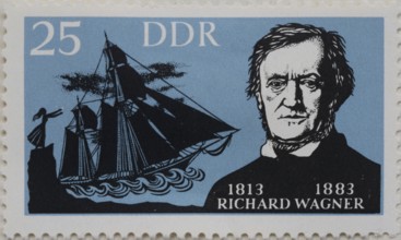 Wilhelm Richard Wagner, 1813, 1883, a German composer. Portrait on a German post stamp