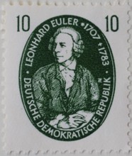 Leonhard Euler, 1707, 1783, a Swiss mathematician and physicist. Portrait on a German post stamp