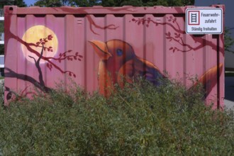 Bird and moon, a painting on a construction container, Offenburg, Baden-Württemberg, Germany