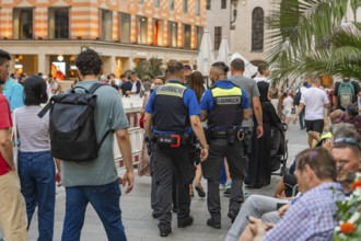 Urban scene with security forces and numerous passers-by, Munich, Germany