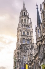 Gothic tower of the New Town Hall at dusk, Munich, Germany
