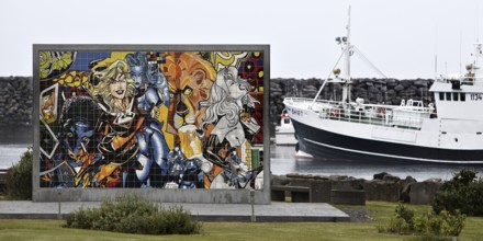 Tile mural by Erró, actually Gumundur Gumundsson in Ólafsvík, where he was born, in front of the